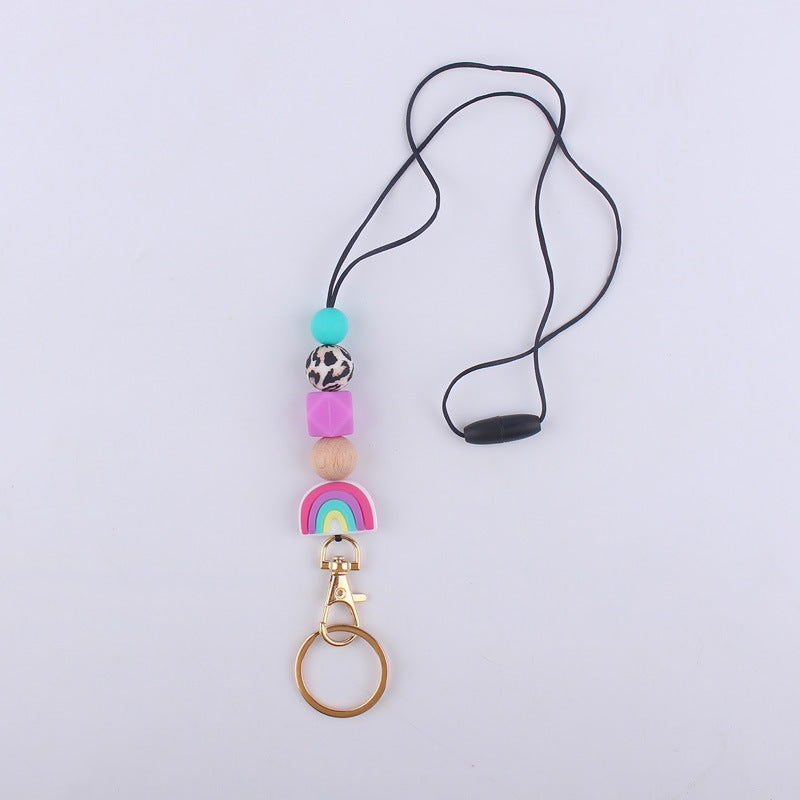 Wholesale Cartoon Rainbow Silicone Bead Hanging Rope Identification Necklace Keychain